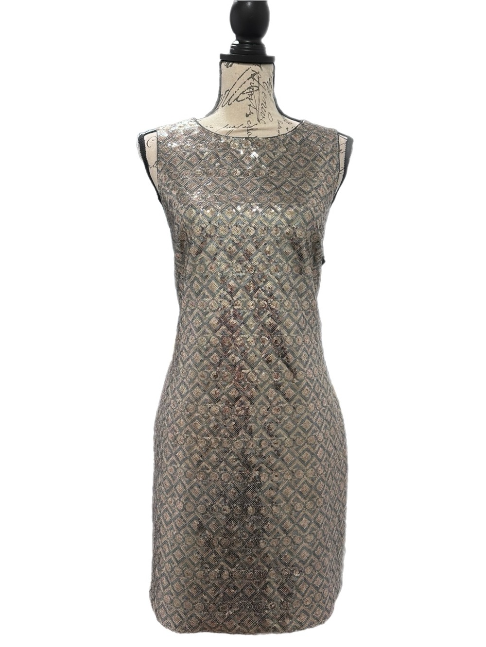 Banana Republic Gold & Silver Geometric Sequin Midi Shift Dress Sz 10 EUC